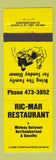 Matchbook Cover - Ric Mar Restaurant Northumberland Danville PA yellow