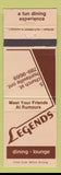 Matchbook Cover - Legends Restaurant Huntsville ON