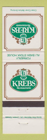 Matchbook Cover - Krebs Restaurants Waterloo London Guelph Brampton ON