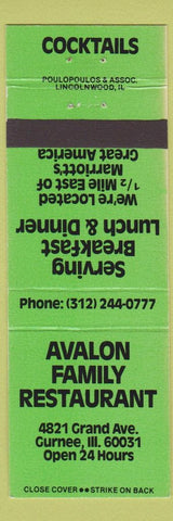Matchbook Cover - Avalon Family Restaurant Gurnee IL green