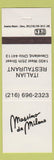 Matchbook Cover - Massimo Da Milano Cleveland OH Italian Restaurant