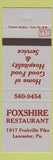 Matchbook Cover - Foxshire Restaurant Lancaster PA