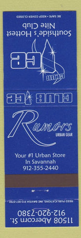 Matchbook Cover - Rumors Urban Gear Club Ice Savannah GA