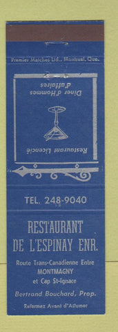 Matchbook Cover - Restaurant De L'Espinay Montmagny QC