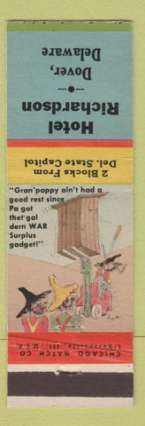 Matchbook Cover - Hotel Richardson Dover DE hillbilly outhouse