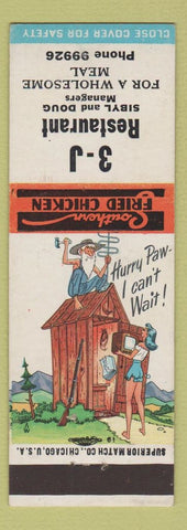 Matchbook Cover - 3J Restaurant hillbilly Fried Chicken Outhouse