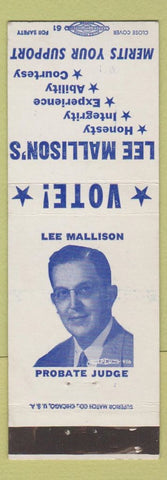 Matchbook Cover - Lee Mallison Election Probate Judge Battle Creek MI