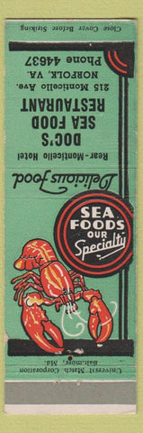 Matchbook Cover - Doc's Seafood Restaurant Norfolk VA lobster