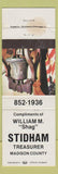 Matchbook Cover - William M Shag Stidham Treasurer Madison County OH STAINED