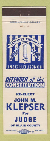 Matchbook Cover - Joseph M Klepser Judge Blair County PA