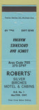 Matchbook Cover - Roberts' Silver Birches Motel MacTier ON blue