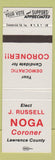 Matchbook Cover - J Russell Noga Coroner Lawrence County New Castle PA