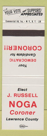 Matchbook Cover - J Russell Noga Coroner Lawrence County New Castle PA