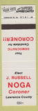 Matchbook Cover - J Russell Noga Coroner Lawrence County New Castle PA