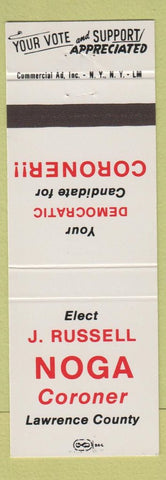 Matchbook Cover - J Russell Noga Coroner Lawrence County New Castle PA