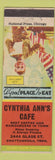Matchbook Cover - Cynthia Ann's Cafe Chattanooga TN hamburgers Our Heritage