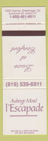 Matchbook Cover - Auberge Motel L'Escapade Shawinigan QC