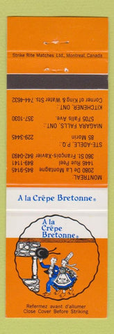 Matchbook Cover - A La Crepe Bretonne Montreal Ste Adele QC Niagara Falls ON