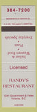 Matchbook Cover - Randy's Restaurant Victoria BC Italian Pizza