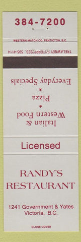 Matchbook Cover - Randy's Restaurant Victoria BC Italian Pizza
