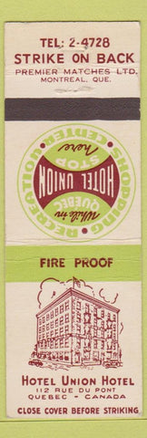 Matchbook Cover - Hotel Union Hotel Quebec QC