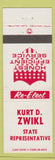 Matchbook Cover - Kurt D Zwikl State Representative PA
