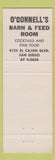 Matchbook Cover - O'Connell's Barn Feed Room San Diego CA