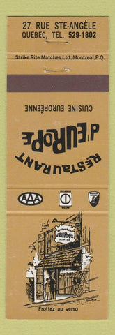 Matchbook Cover - Restaurant D' Europe Quebec QC