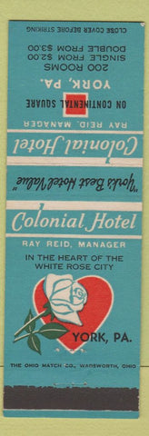 Matchbook Cover - Colonial Hotel York PA White Rose City