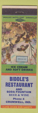 Matchbook Cover - Biddle's Restaurant Cromwell IN low phone On the Rise
