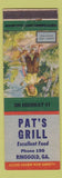 Matchbook Cover - Pat's Grill Ringgold GA low phone Happy Carefree