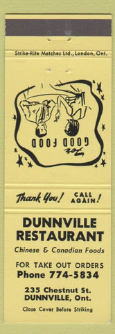 Matchbook Cover - Dunnville Restaurant Chinese Dunnville ON yellow