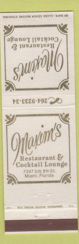 Matchbook Cover - Maxim's Restaurant Cocktail Lounge Miami FL