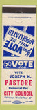 Matchbook Cover - Joseph N Pastore City Council Yonkers? NY