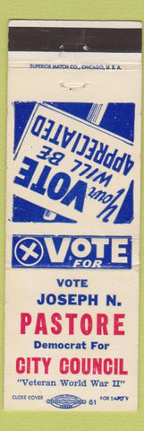 Matchbook Cover - Joseph N Pastore City Council Yonkers? NY