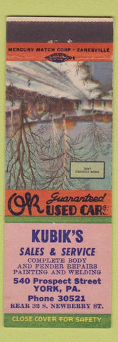 Matchbook Cover - Kubik's Used Cars York PA Snow Cover Lane