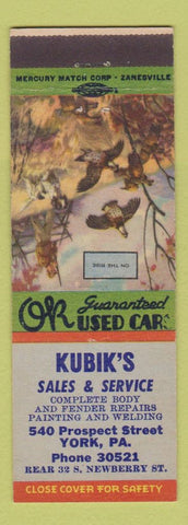Matchbook Cover - Kubik's Used Cars York PA On the Rise