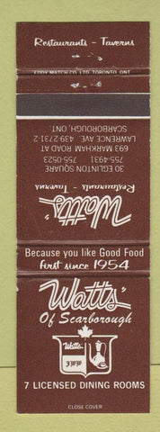Matchbook Cover - Watt's of Scarborough ON