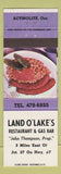 Matchbook Cover - Land O Lakes Restaurant gas Actinolite ON beans sausage
