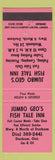 Matchbook Cover - Jumbo Geo's Fish Tale Inn Durham ON oil gas