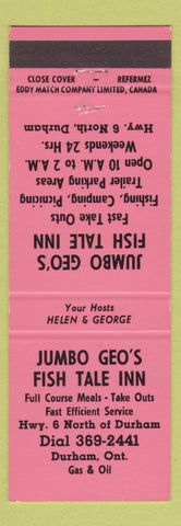 Matchbook Cover - Jumbo Geo's Fish Tale Inn Durham ON oil gas