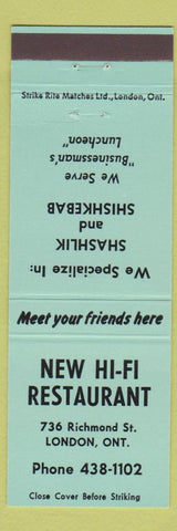 Matchbook Cover - New Hi Fi Restaurant London ON light green
