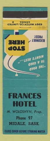 Matchbook Cover - Frances Hotel Midale SK low phone #
