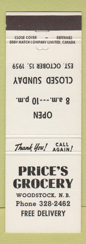 Matchbook Cover - Price's Grocery Woodstock NB