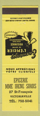 Matchbook Cover - Epicerie Mme Irene Sirois Victoriaville QC