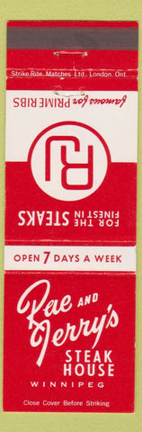Matchbook Cover - Rae and Jerry's Steak House Winnipeg MB