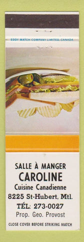 Matchbook Cover - Salle A Manger Caroline restaurant Montreal QC sandwich