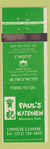 Matchbook Cover - Paul's Kitchen Chinese Food Monterey Park CA WEAR