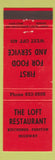 Matchbook Cover - Loft Restaurant Kitchener Preston Highway ON