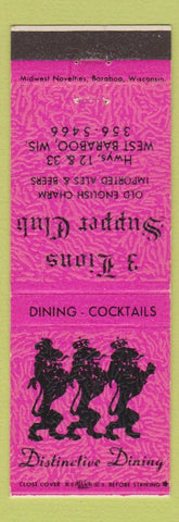 Matchbook Cover - 3 Lions Supper Club West Baraboo WI pink